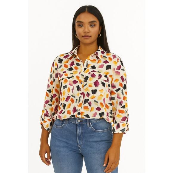 Anne Klein Novelty Print Mandarin Neck Blouse Medium Silver Buttons - Picture 14 of 14